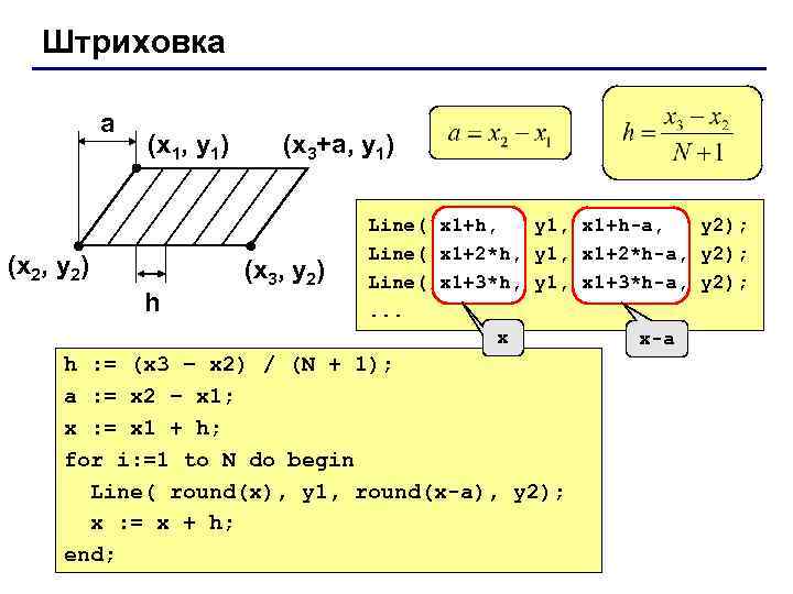 Штриховка a (x 1, y 1) (x 2, y 2) h (x 3+a, y