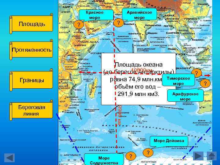 Красное море Площадь ? ? Аравийское море Протяженность Границы Площадь океана (до берегов Антарктиды)