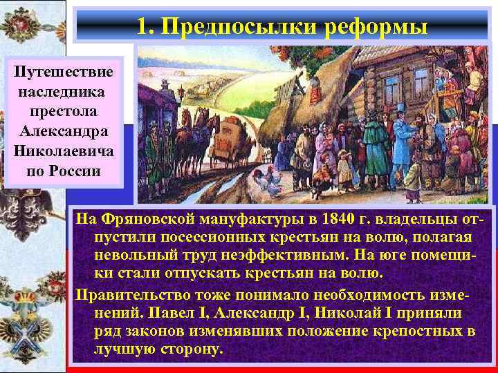 1. Предпосылки реформы Путешествие наследника престола Александра Николаевича по России На Фряновской мануфактуры в