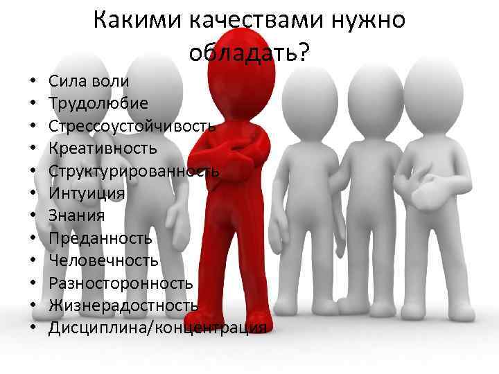 Какими качествами нужно обладать? • • • Сила воли Трудолюбие Стрессоустойчивость Креативность Структурированность Интуиция