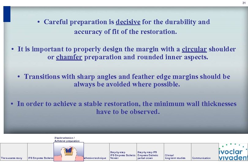 31 • Careful preparation is decisive for the durability and accuracy of fit of