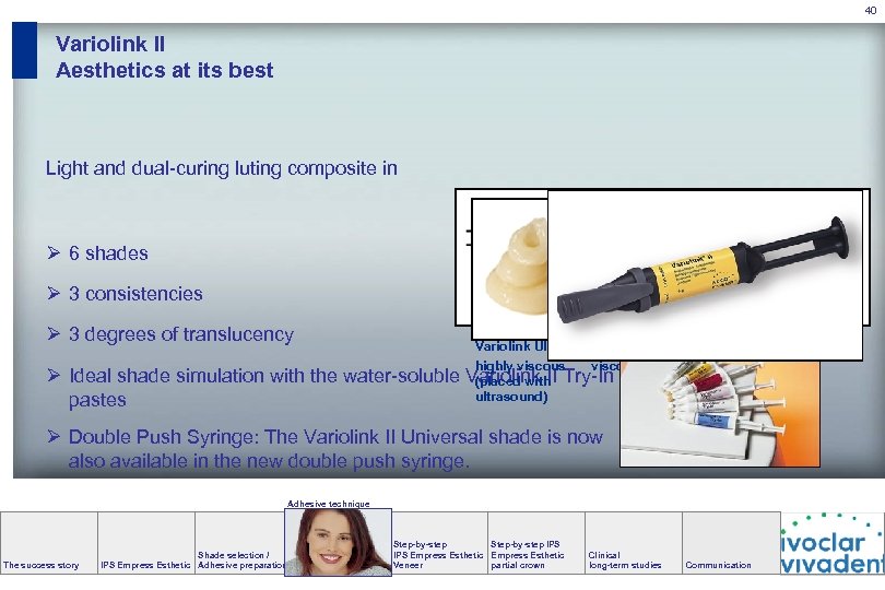 40 Variolink II Aesthetics at its best Light and dual-curing luting composite in Ø