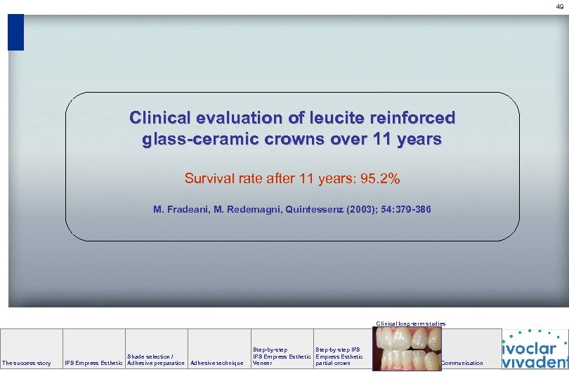 49 Clinical evaluation of leucite reinforced glass-ceramic crowns over 11 years Survival rate after