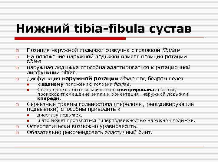 Нижний tibia-fibula сустав o o Позиция наружной лодыжки созвучна с головкой fibulae На положение
