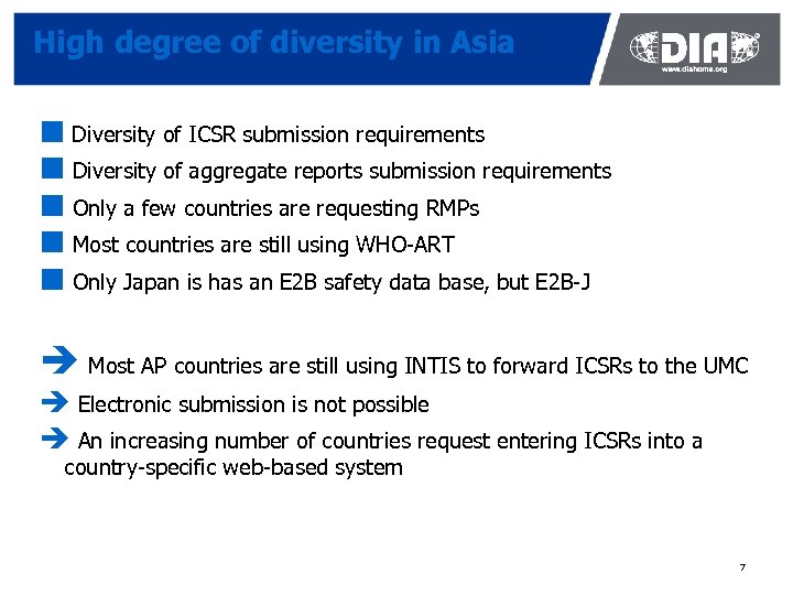 High degree of diversity in Asia ¢ Diversity of ICSR submission requirements ¢ Diversity