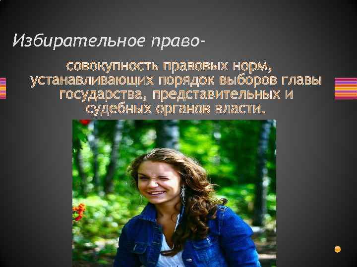 Избирательное правосовокупность правовых норм, устанавливающих порядок выборов главы государства, представительных и судебных органов власти.