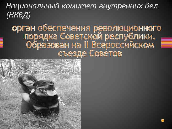 Национальный комитет внутренних дел (НКВД) орган обеспечения революционного порядка Советской республики. Образован на II