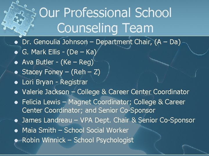 Our Professional School Counseling Team l l l l l Dr. Genoulia Johnson –