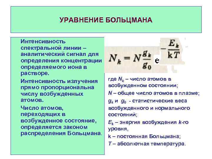 УРАВНЕНИЕ БОЛЬЦМАНА Интенсивность спектральной линии – аналитический сигнал для определения концентрации определяемого иона в