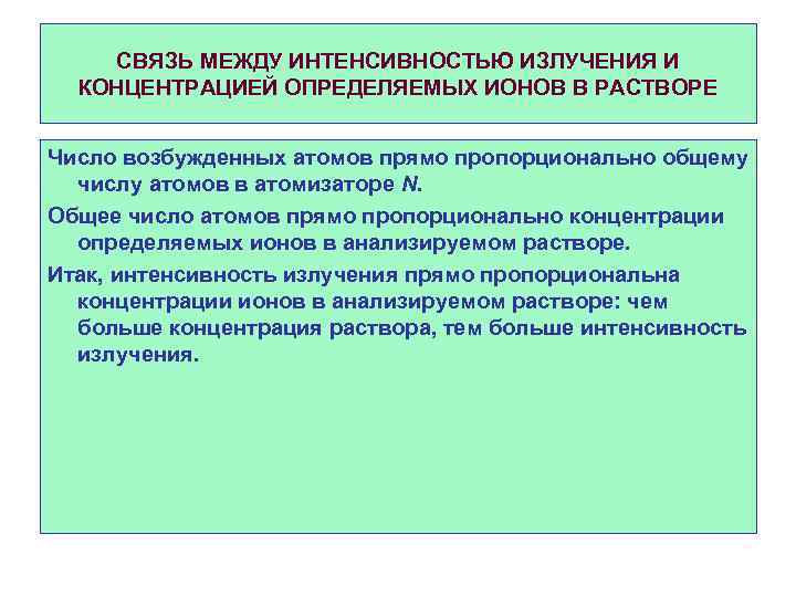 СВЯЗЬ МЕЖДУ ИНТЕНСИВНОСТЬЮ ИЗЛУЧЕНИЯ И КОНЦЕНТРАЦИЕЙ ОПРЕДЕЛЯЕМЫХ ИОНОВ В РАСТВОРЕ Число возбужденных атомов прямо