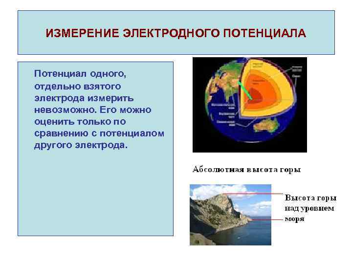 ИЗМЕРЕНИЕ ЭЛЕКТРОДНОГО ПОТЕНЦИАЛА Потенциал одного, отдельно взятого электрода измерить невозможно. Его можно оценить только