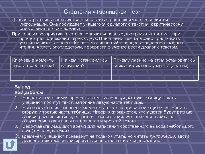 Стратегия «Таблица синтез» Данная стратегия используется для развития рефлексивного восприятия информации. Она побуждает учащегося