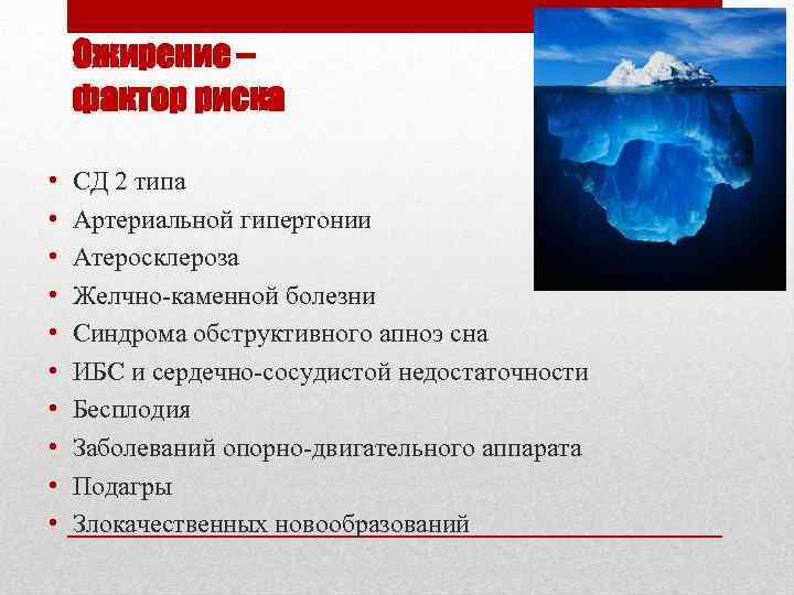 Ожирение – фактор риска • • • СД 2 типа Артериальной гипертонии Атеросклероза Желчно-каменной