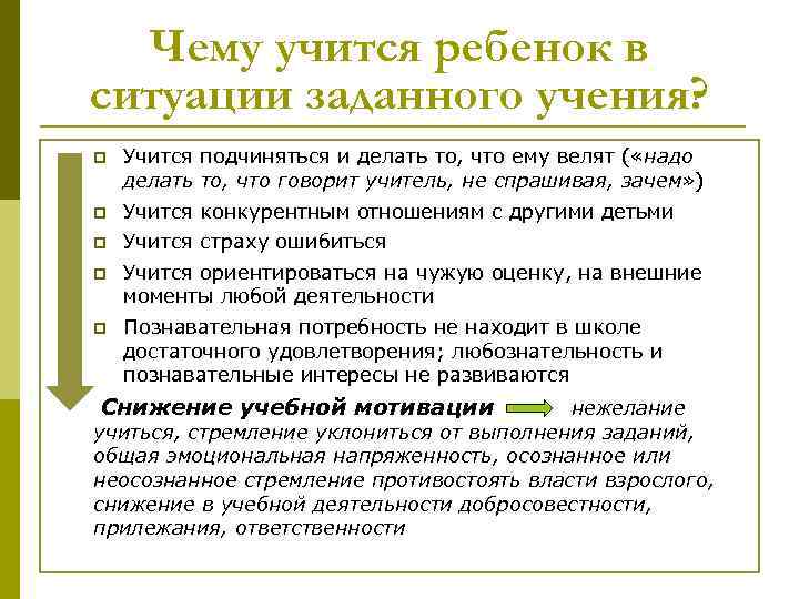Чему учится ребенок в ситуации заданного учения? p Учится подчиняться и делать то, что