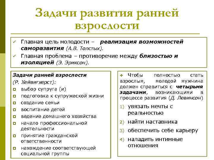 Период взрослости. Ранняя взрослость задачи развития. Задачи ранней взрослости. Основные задачи периода ранней взрослости. Задачи развития эпохи взрослости.