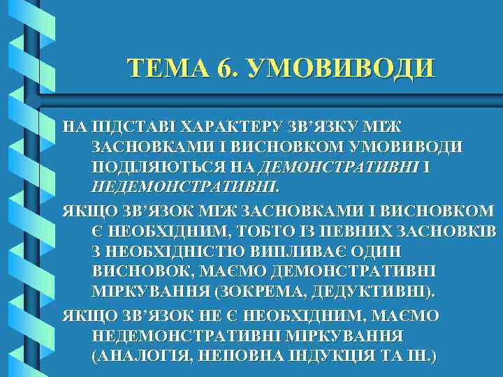 ТЕМА 6. УМОВИВОДИ НА ПІДСТАВІ ХАРАКТЕРУ ЗВ’ЯЗКУ МІЖ ЗАСНОВКАМИ І ВИСНОВКОМ УМОВИВОДИ ПОДІЛЯЮТЬСЯ НА