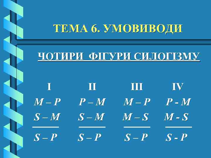 ТЕМА 6. УМОВИВОДИ ЧОТИРИ ФІГУРИ СИЛОГІЗМУ I III IV M – P P–M M–P