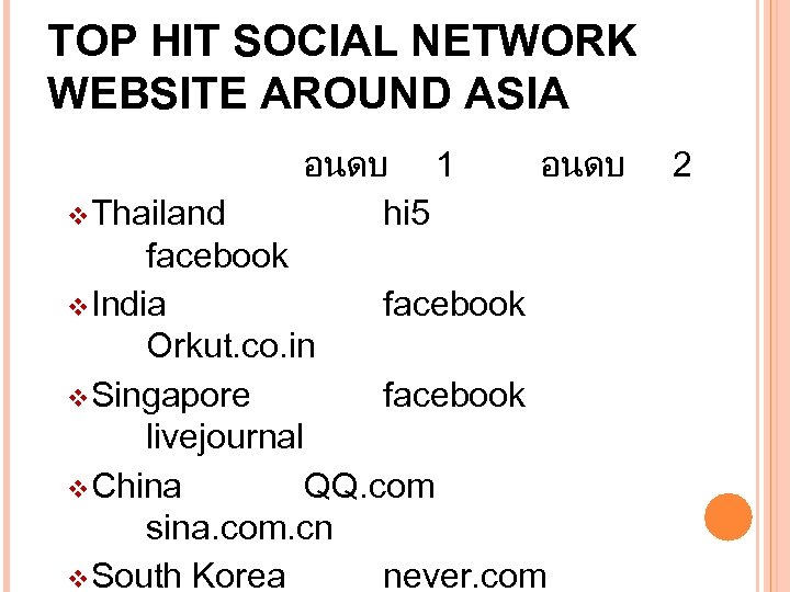 TOP HIT SOCIAL NETWORK WEBSITE AROUND ASIA v Thailand อนดบ 1 hi 5 อนดบ