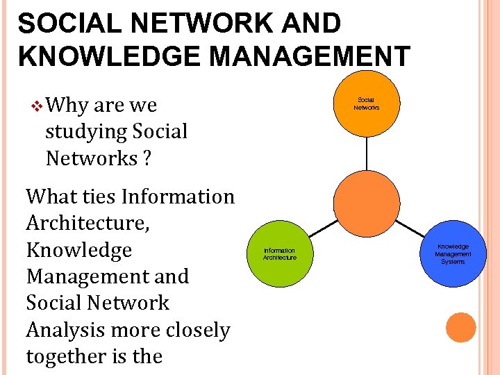 SOCIAL NETWORK AND KNOWLEDGE MANAGEMENT v Why are we studying Social Networks ? What