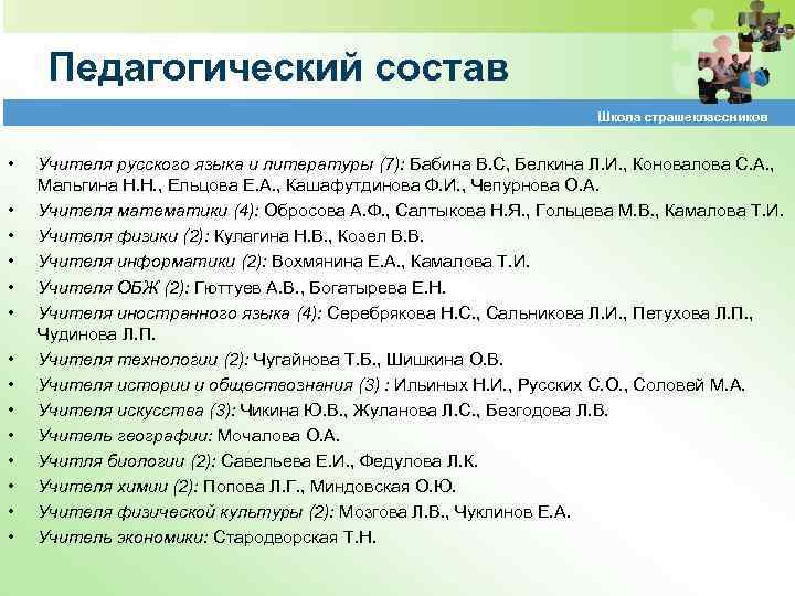 Педагогический состав Школа страшеклассников • • • • Учителя русского языка и литературы (7):