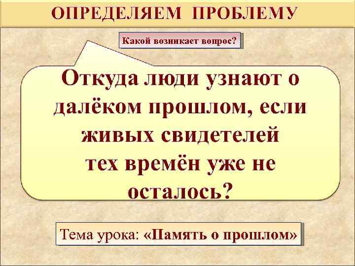 Какой возникает вопрос? Тема урока: «Память о прошлом» 