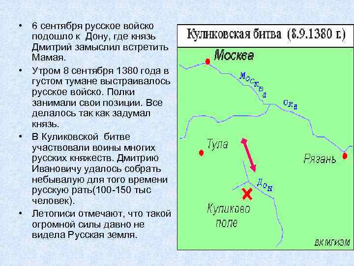  • 6 сентября русское войско подошло к Дону, где князь Дмитрий замыслил встретить