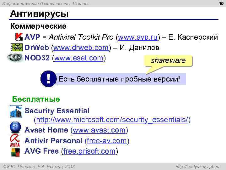 19 Информационная безопасность, 10 класс Антивирусы Коммерческие AVP = Antiviral Toolkit Pro (www. avp.
