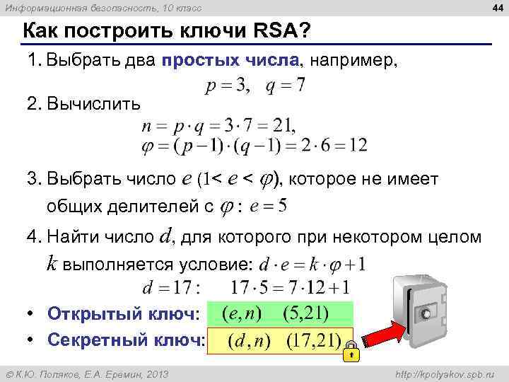 44 Информационная безопасность, 10 класс Как построить ключи RSA? 1. Выбрать два простых числа,