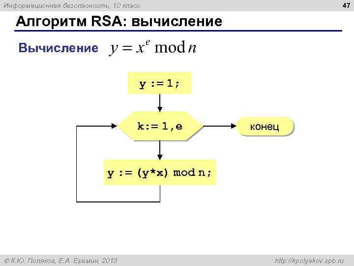 47 Информационная безопасность, 10 класс Алгоритм RSA: вычисление Вычисление y : = 1; k: