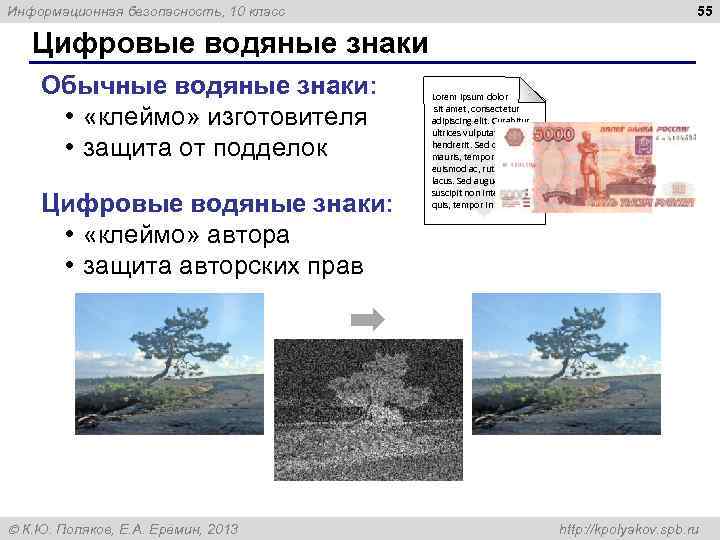 55 Информационная безопасность, 10 класс Цифровые водяные знаки Обычные водяные знаки: • «клеймо» изготовителя