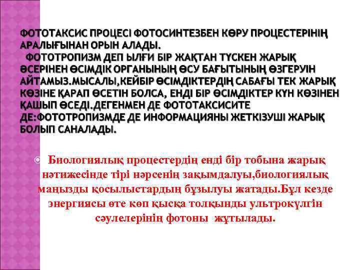 Биологиялық процестердің енді бір тобына жарық нәтижесінде тірі нәрсенің зақымдалуы, биологиялық маңызды қосылыстардың бұзылуы