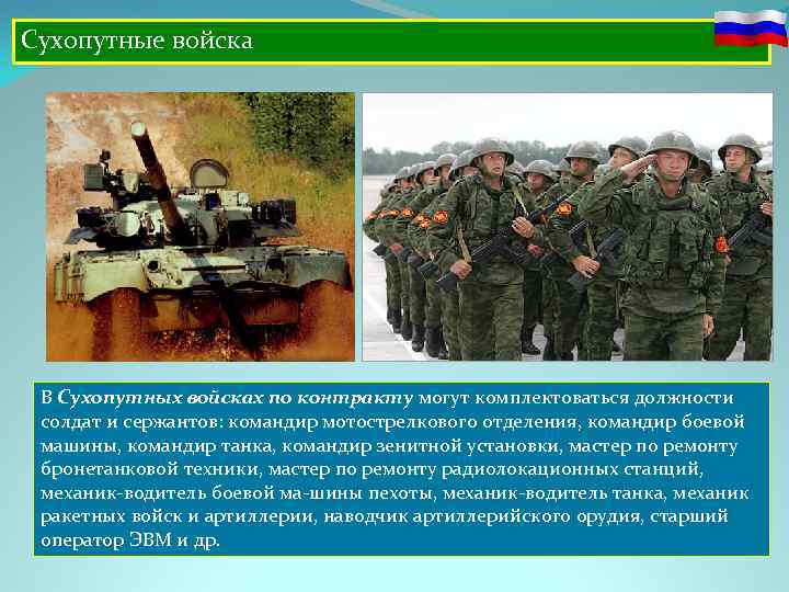 Сухопутные войска В Сухопутных войсках по контракту могут комплектоваться должности солдат и сержантов: командир