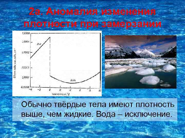 Полный при 4 4 вод. Плотность воды при замерзании. Аномальная плотность воды. Аномальное расширение воды. Аномальное температурное изменение плотности воды.