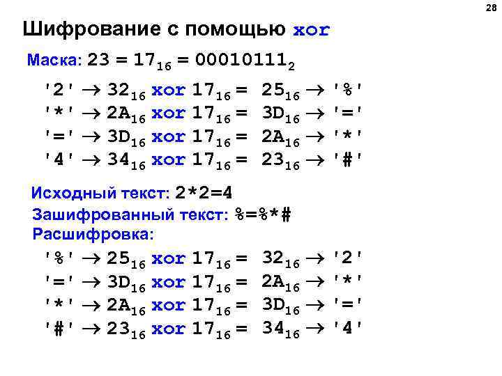 28 Шифрование с помощью xor Маска: 23 = 1716 = 000101112 '2' 3216 xor