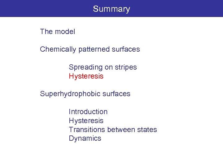 Summary The model Chemically patterned surfaces Spreading on stripes Hysteresis Superhydrophobic surfaces Introduction Hysteresis
