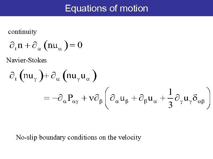 Equations Navier-Stokes equations of motion continuity Navier-Stokes No-slip boundary conditions on the velocity 