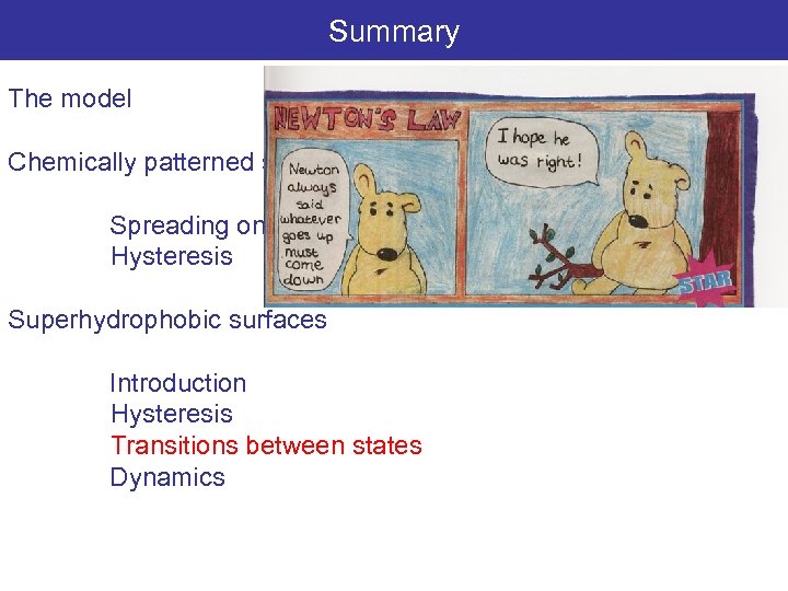 Summary The model Chemically patterned surfaces Spreading on stripes Hysteresis Superhydrophobic surfaces Introduction Hysteresis