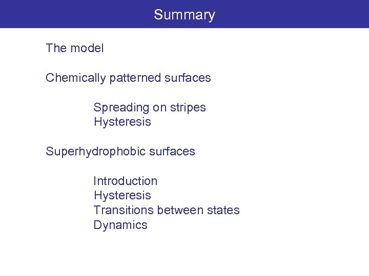 Summary The model Chemically patterned surfaces Spreading on stripes Hysteresis Superhydrophobic surfaces Introduction Hysteresis