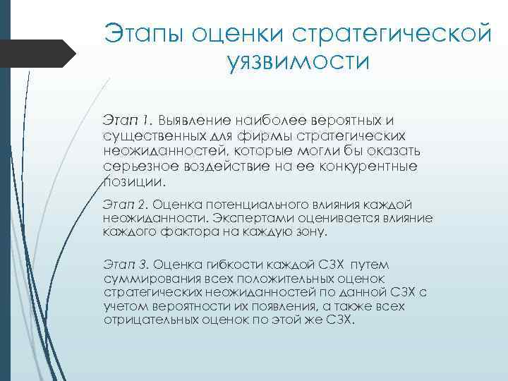 Этапы оценки стратегической уязвимости Этап 1. Выявление наиболее вероятных и существенных для фирмы стратегических