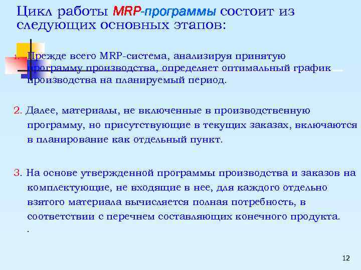 Цикл работы MRP-программы состоит из следующих основных этапов: 1. Прежде всего MRP-система, анализируя принятую