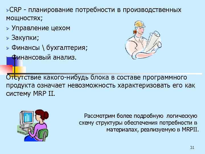 CRP - планирование потребности в производственных мощностях; Ø Управление цехом Ø Закупки; Ø Финансы