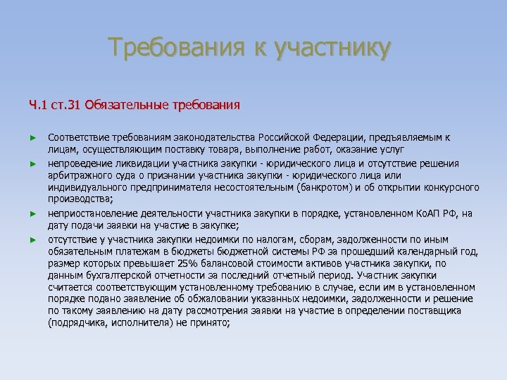 Требования к участнику Ч. 1 ст. 31 Обязательные требования ► ► Соответствие требованиям законодательства
