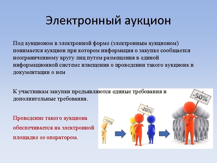 Электронный аукцион Под аукционом в электронной форме (электронным аукционом) понимается аукцион при котором информация