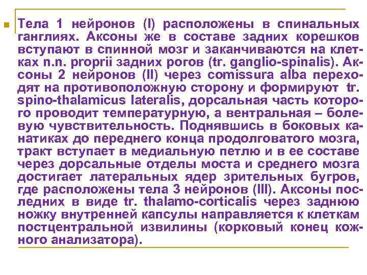 n Тела 1 нейронов (I) расположены в спинальных ганглиях. Аксоны же в составе задних