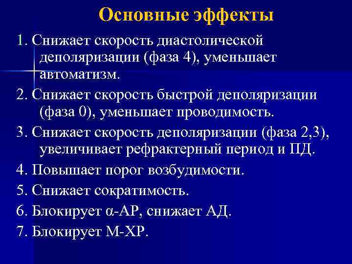 Основные эффекты 1. Снижает скорость диастолической деполяризации (фаза 4), уменьшает автоматизм. 2. Снижает скорость