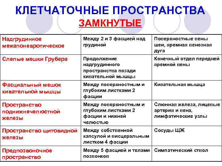 КЛЕТЧАТОЧНЫЕ ПРОСТРАНСТВА ЗАМКНУТЫЕ Надгрудинное межапоневротическое Между 2 и 3 фасцией над грудиной Поверхностные вены