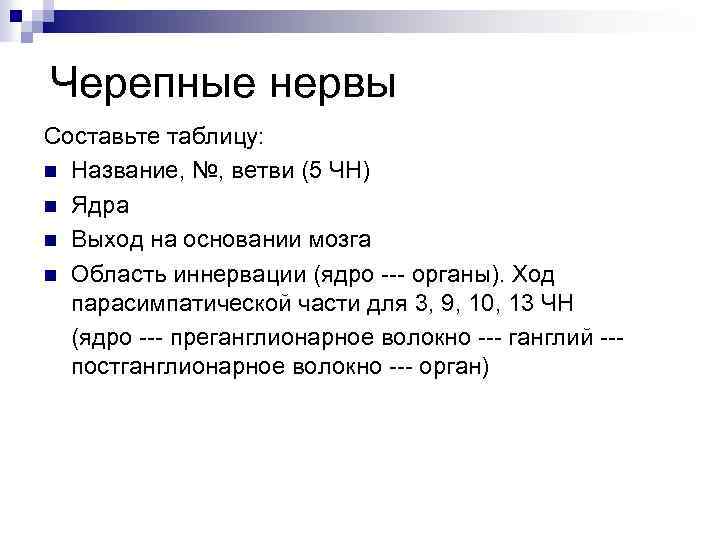 Черепные нервы Составьте таблицу: n Название, №, ветви (5 ЧН) n Ядра n Выход