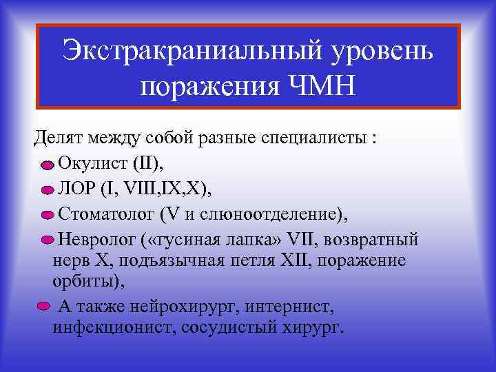 Экстракраниальный уровень поражения ЧМН Делят между собой разные специалисты : Окулист (II), ЛОР (I,