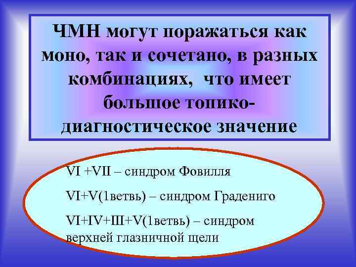 ЧМН могут поражаться как моно, так и сочетано, в разных комбинациях, что имеет большое