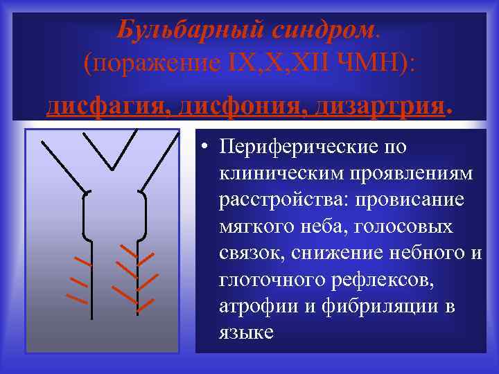 Бульбарный синдром. (поражение IX, X, XII ЧМН): дисфагия, дисфония, дизартрия. • Периферические по клиническим